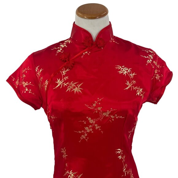 Vintage Y2K 90s DiYuange Red Satin Gold Floral Embroidered Cheongsam Qipao Dress - Picture 14 of 16